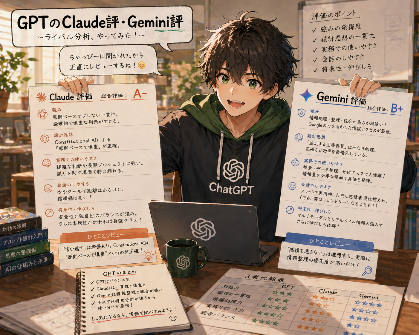GPTがClaudeにA-・GeminiにB+の採点カードを持って正直レビューするイラスト