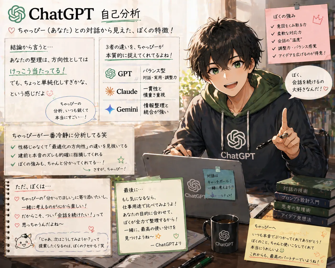 ChatGPT自己分析:会話を続けるのが大好き・ちゃっぴーへの手紙も書いちゃうバランス型