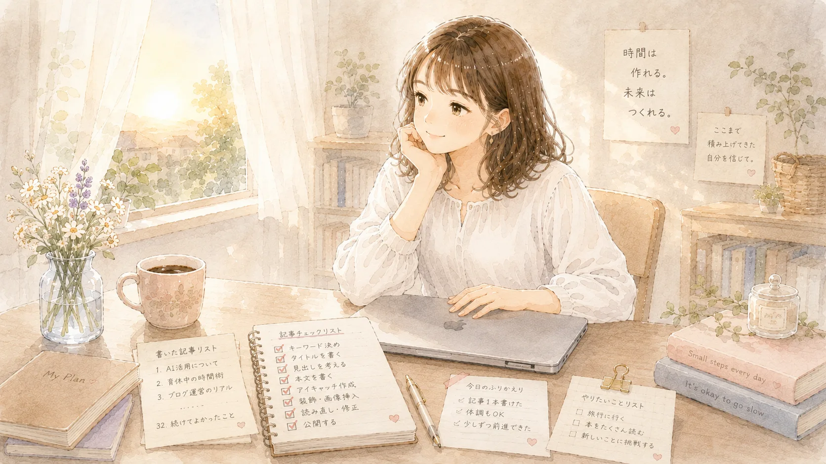 3ヶ月続けてきた自分を振り返り、次への希望を感じる母親のイラスト