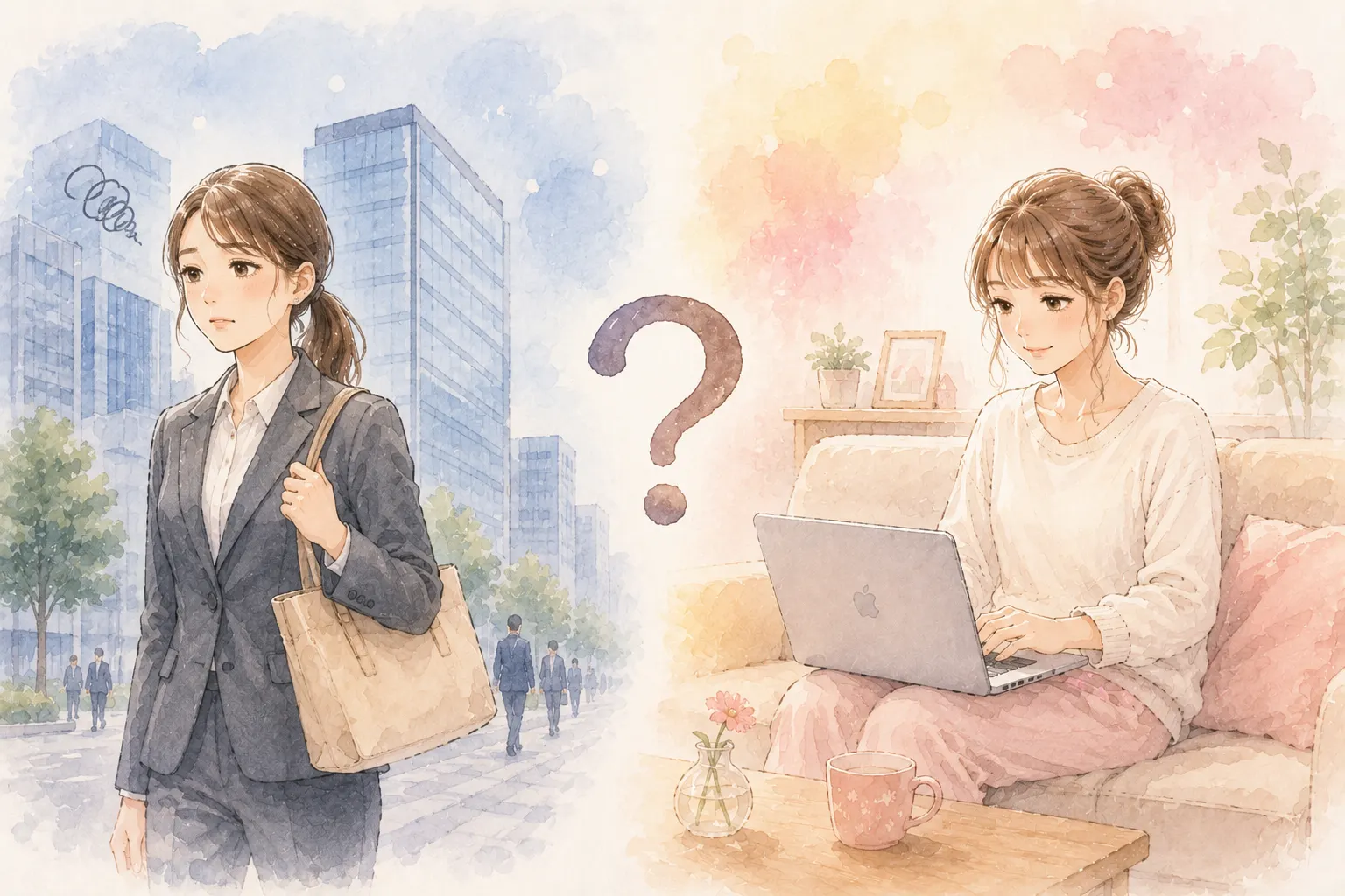 会社に雇われて働く場合と在宅で自分の事業をする場合の違いを表したイラスト