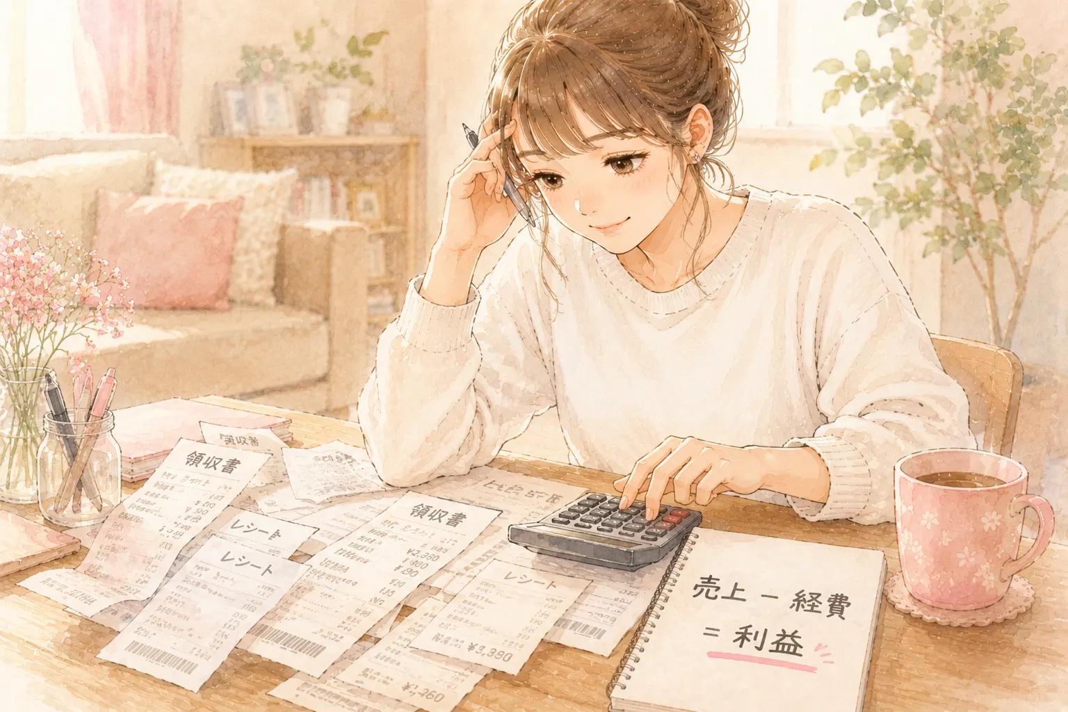 レシートと電卓で売上から経費を引いて利益を計算する主婦のイラスト