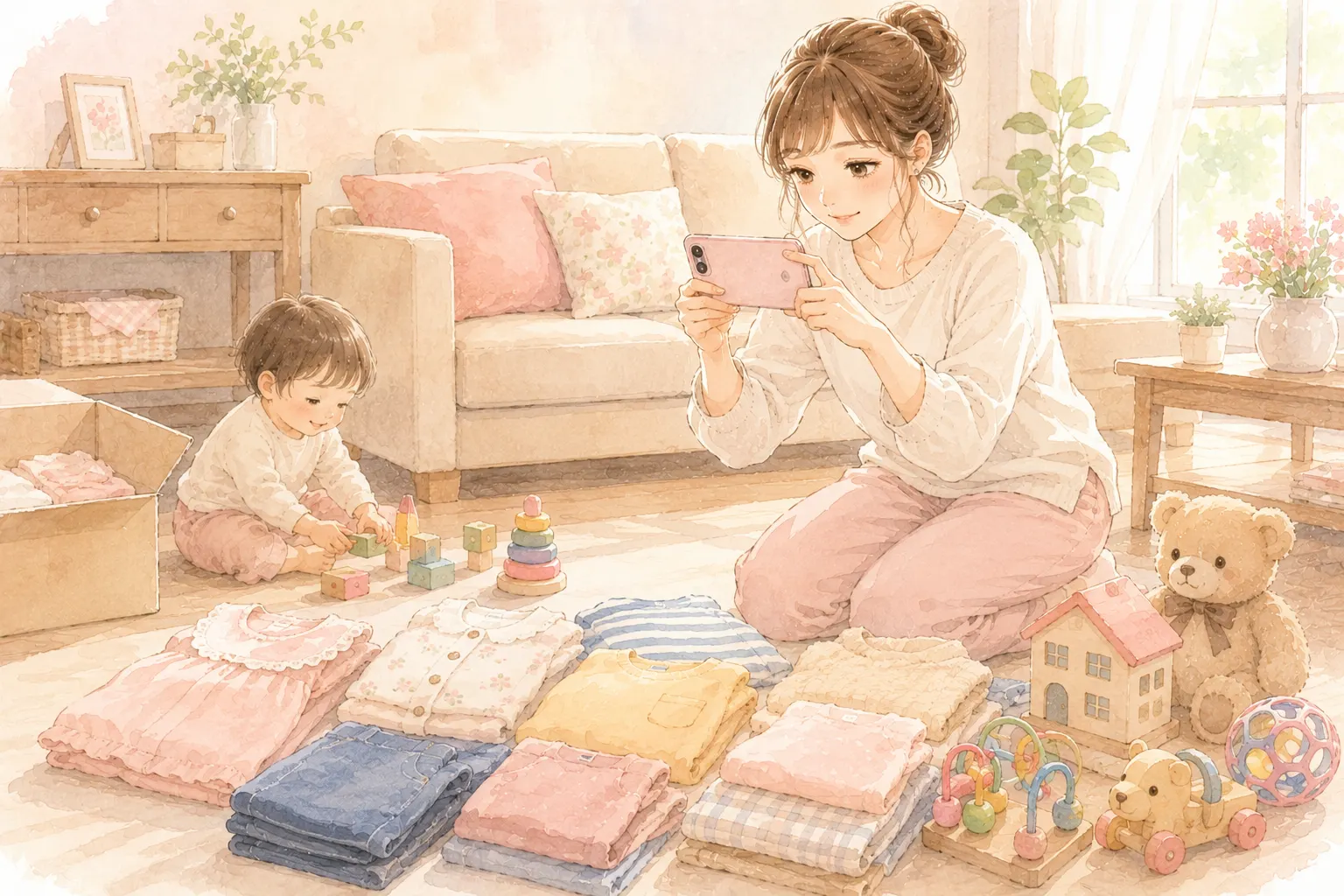 サイズアウトした子ども服をスマホで撮影してフリマアプリに出品する主婦のイラスト