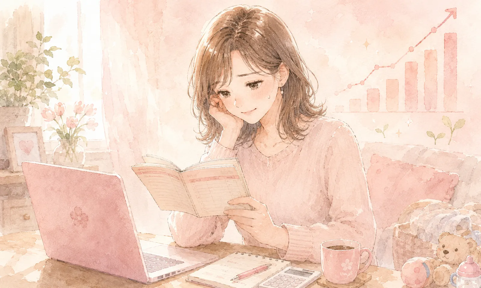 ブログ再開3ヶ月目の数字を確認する主婦のイラスト