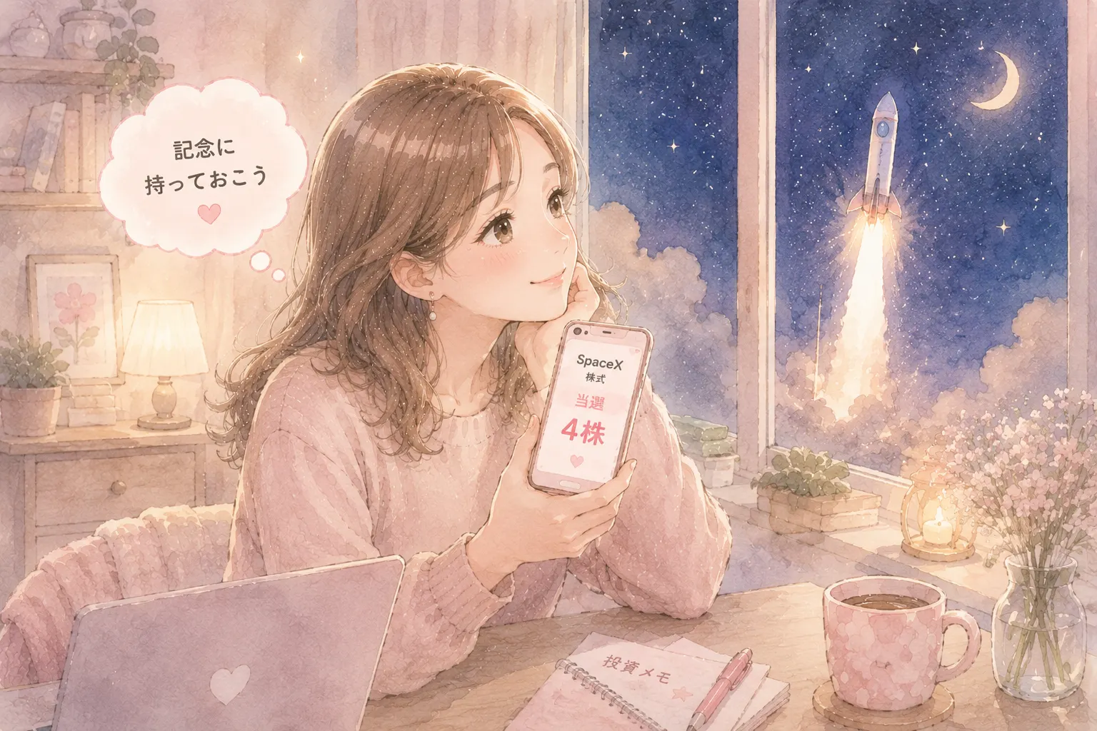 SpaceX株を記念に持ち続けることを決めた主婦のイラスト