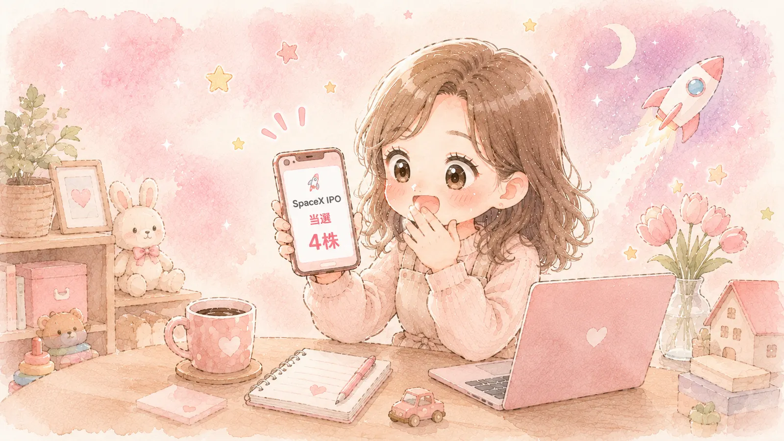SpaceXのIPO抽選結果を見て驚く主婦のイラスト