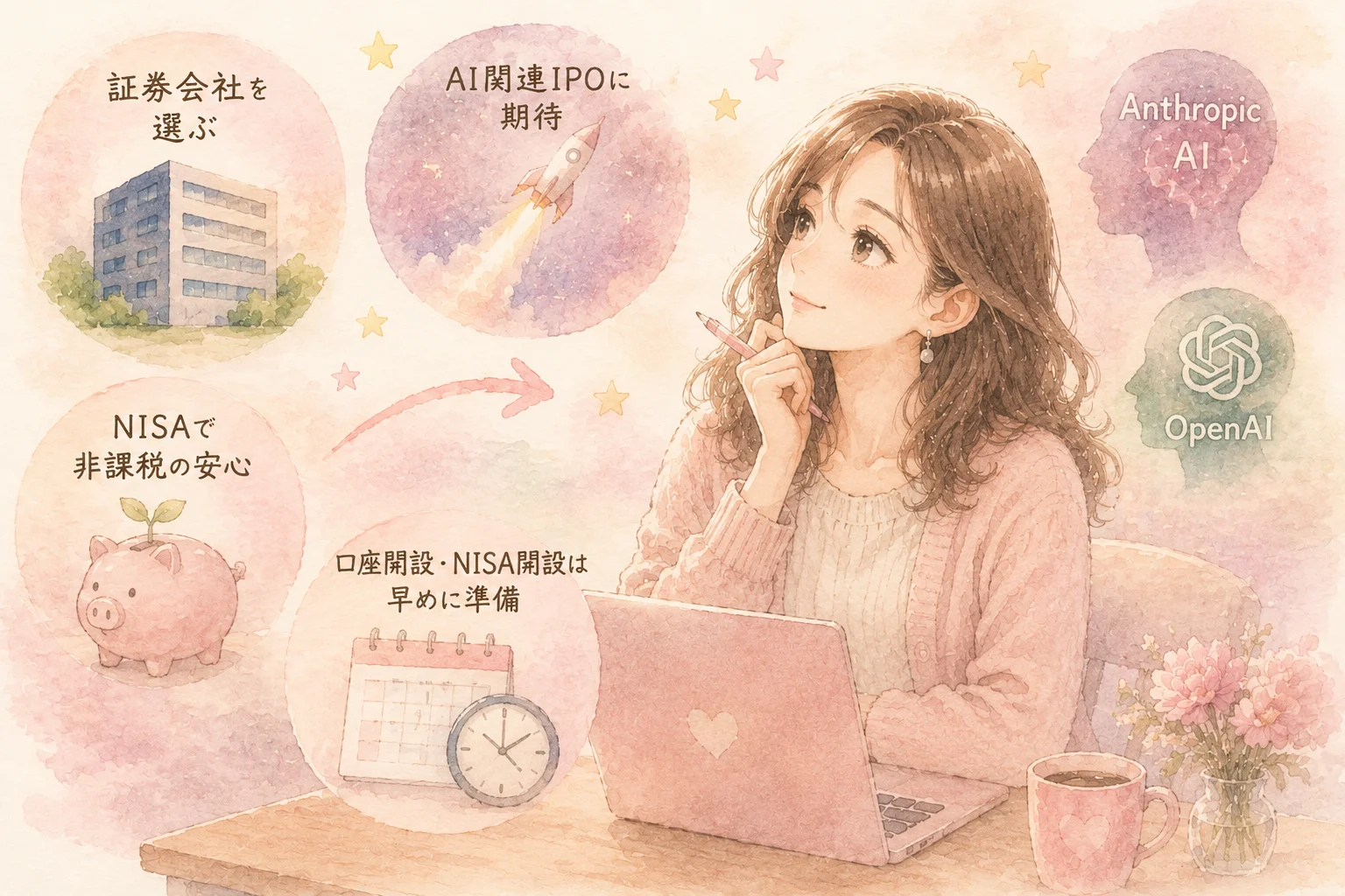 証券口座・NISA開設とAI関連IPOを考える主婦のイラスト